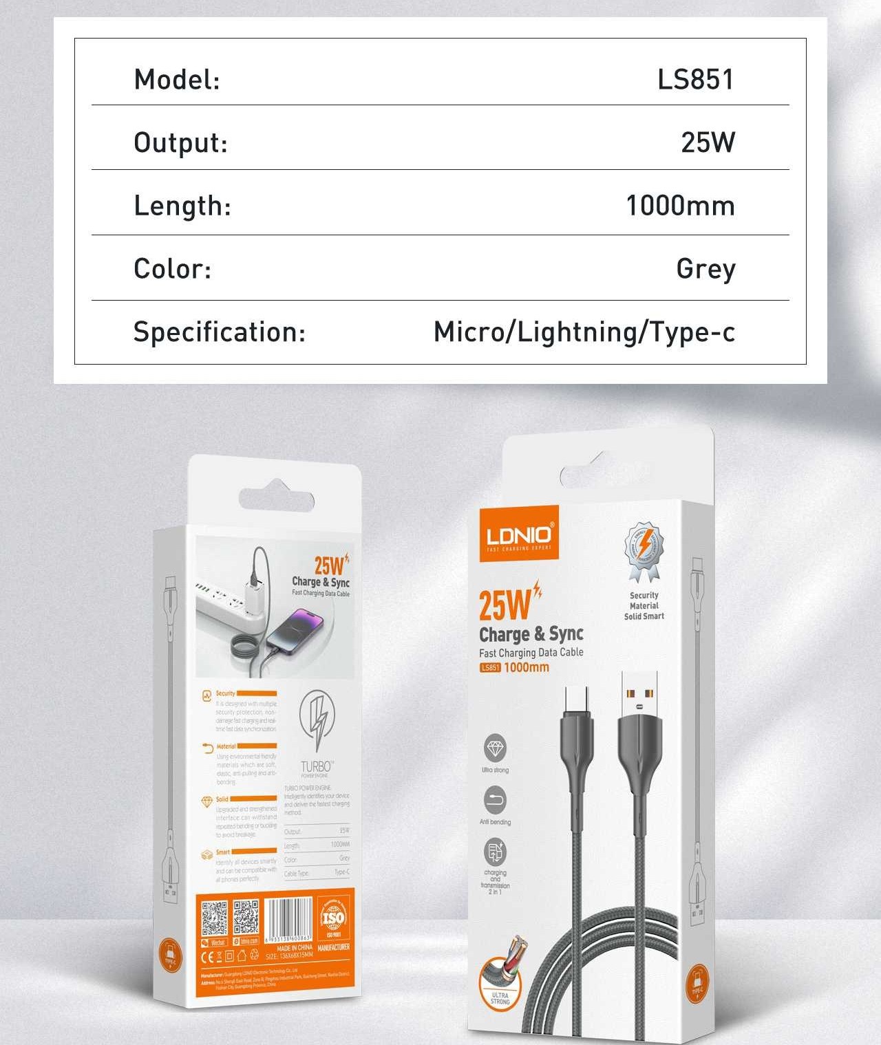 کابل شارژ و انتقال داده الدینیو مدل LS851 طول ۱ متر فست شارژ ۲۵ وات